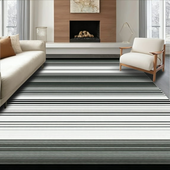 ODIKA 6'x9' Machine Washable Non-Slip Area Rug, Monochrome Featuring Wide Bands And Modern Stripe Motif High Traffic Rug, Black, 42982