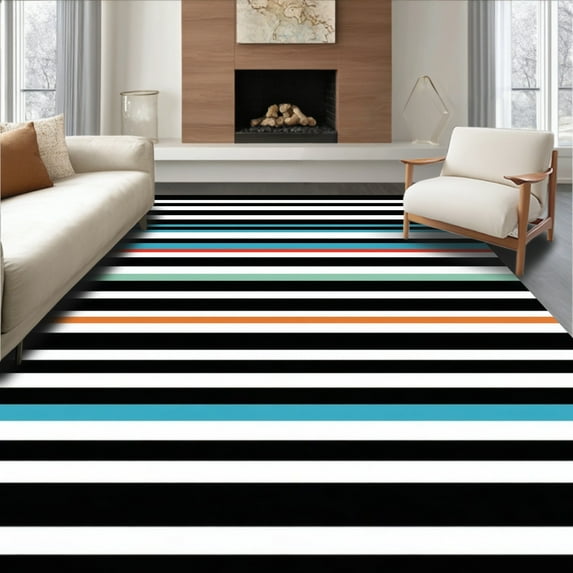 ODIKA 6'x9' Machine Washable Non-Slip Area Rug, Black Stripe Vintage Bath High Traffic Rug, Black, 57200