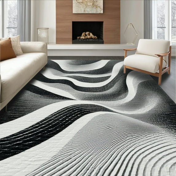 ODIKA 6'x9' Machine Washable Non-Slip Area Rug, Avant Garde Zebra Wave With Artistic Undulating Lines and Dramatic Contrast High Traffic Rug, Black, 43245