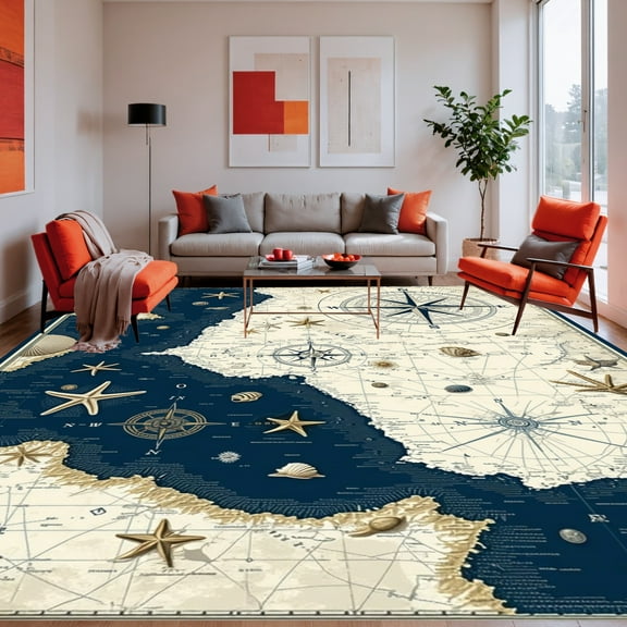 ODIKA 6'x9' Machine Washable Non-Slip Area Rug, Vintage Nautical Map Inspired Featuring Starfish and Sea Shell High Traffic Rug, Blue, 282150