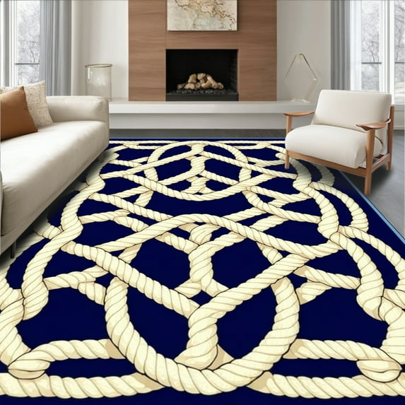 ODIKA 6'x9' Machine Washable Non-Slip Area Rug, Breeze Navy & Beige Nautical Knot Design High Traffic Rug, Beige, 58467