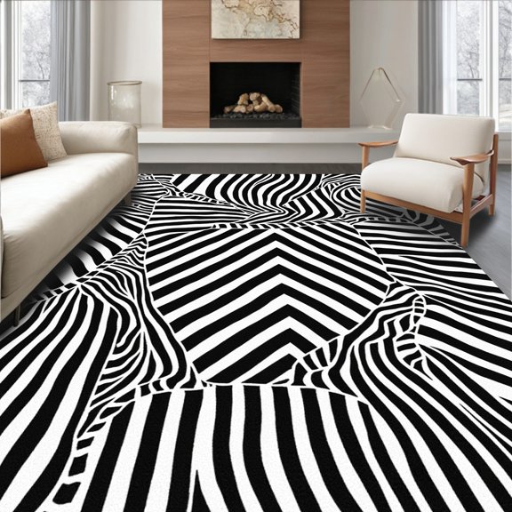 ODIKA 6' x 9' Machine Washable Non-Slip Area Rug, Op Art Stripe High Traffic Rug, Black, 325743