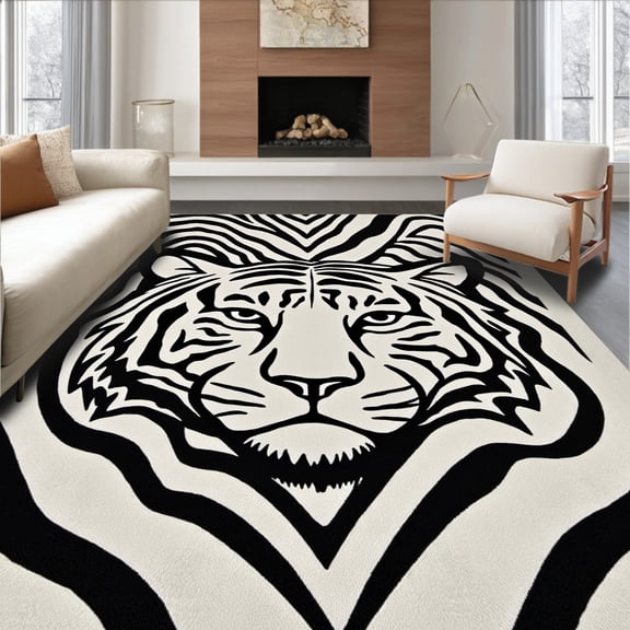 ODIKA 6' x 9' Machine Washable Non-Slip Area Rug, Op Art Tiger High Traffic Rug, Black, 321842
