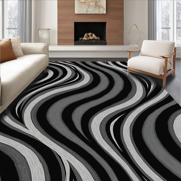 ODIKA 6' x 9' Machine Washable Non-Slip Area Rug, Op Art Wave High Traffic Rug, Black, 380111