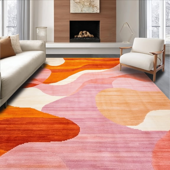 ODIKA 6'x9' Machine Washable Non-Slip Area Rug, Sunrise Funky Abstract Swirls High Traffic Rug, Orange, 148451