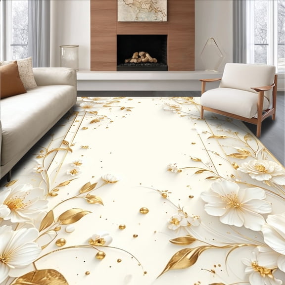 ODIKA 6' x 9' Machine Washable Non-Slip Area Rug, Rococo Flower High Traffic Rug, White, 150114