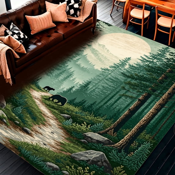 ODIKA 6'x9' Machine Washable Non-Slip Area Rug, Timber Trail Round Floor With Forest Scenery and Wildlife Print High Traffic Rug, Green, 138354