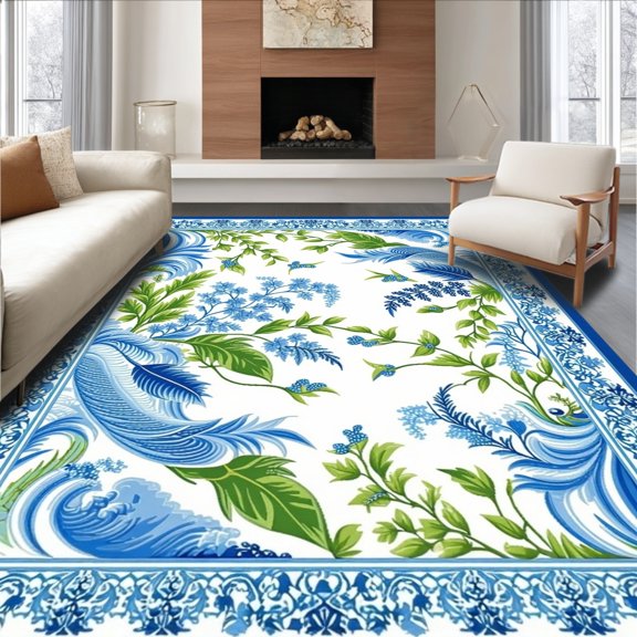 ODIKA 6' x 9' Machine Washable Non-Slip Area Rug, Slavic Folklore Leaf High Traffic Rug, Blue, 123637