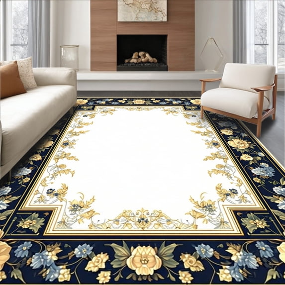 ODIKA 6'x9' Machine Washable Non-Slip Area Rug, Extra Large Welcome with Floral Motifs for Front Door High Traffic Rug, Blue, 72378