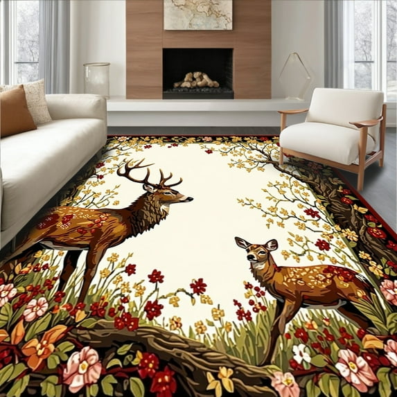 ODIKA 6' x 9' Machine Washable Non-Slip Area Rug, Traditional Stag High Traffic Rug, Brown, 60610