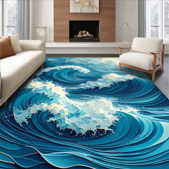 ODIKA 6'x9' Machine Washable Non-Slip Area Rug, Beach Wave High Traffic Rug, Blue, 779