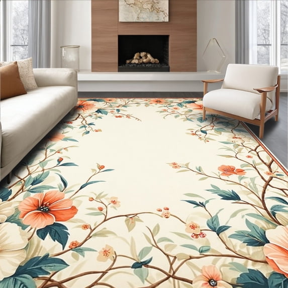 ODIKA 6'x9' Machine Washable Non-Slip Area Rug, Boho Blossom Bohemian Floral Motif High Traffic Rug, Ivory, 211808