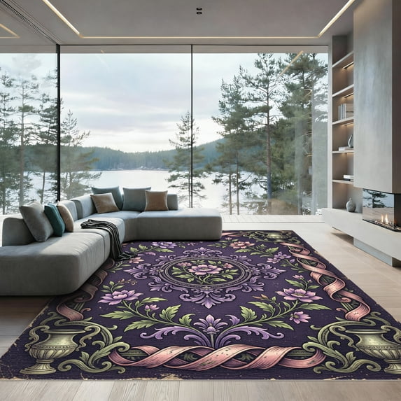 ODIKA 6' x 9' Machine Washable Non-Slip Area Rug, antique floral High Traffic Rug, Purple, 1133609