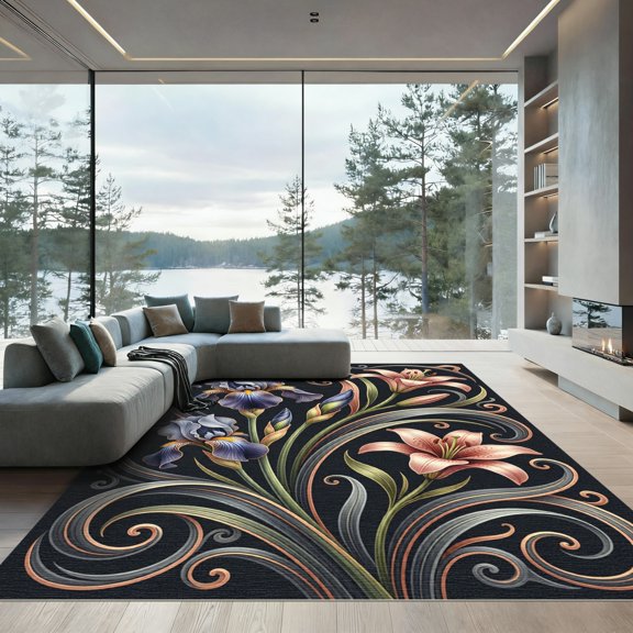 ODIKA 6' x 9' Machine Washable Non-Slip Area Rug, art nouveau floral High Traffic Rug, Purple, 1307486