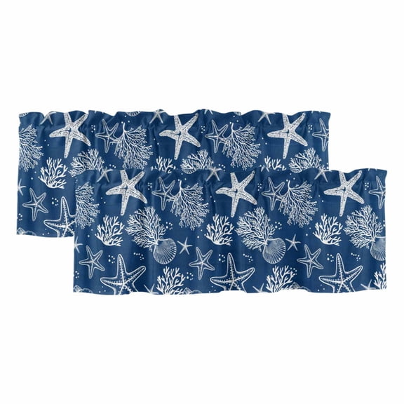 2 Pack Valances for Windows 54 x 18 Inch, Navy Blue Coastal Decorative Kitchen Curtain Valance, Nautical Beach Starfish Coral Summer Rod Pocket Short Curtains Window Treatment for Bathroom/Cafe