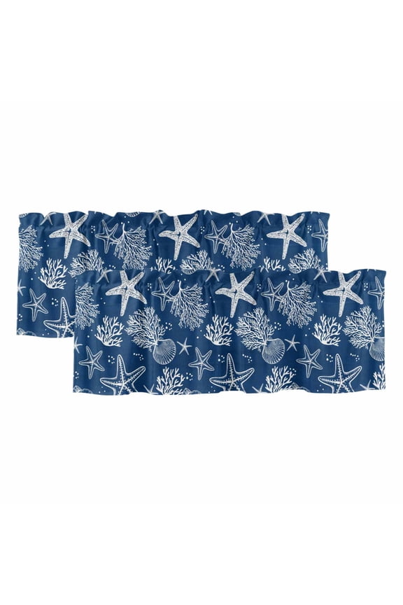 2 Pack Valances for Windows 54 x 18 Inch, Navy Blue Coastal Decorative Kitchen Curtain Valance, Nautical Beach Starfish Coral Summer Rod Pocket Short Curtains Window Treatment for Bathroom/Cafe
