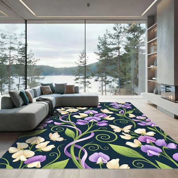 ODIKA 6' x 9' Machine Washable Non-Slip Area Rug, cottagecore floral High Traffic Rug, Purple, 1299138