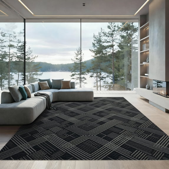 ODIKA 6' x 9' Machine Washable Non-Slip Area Rug, geometric geometric High Traffic Rug, Black, 998128