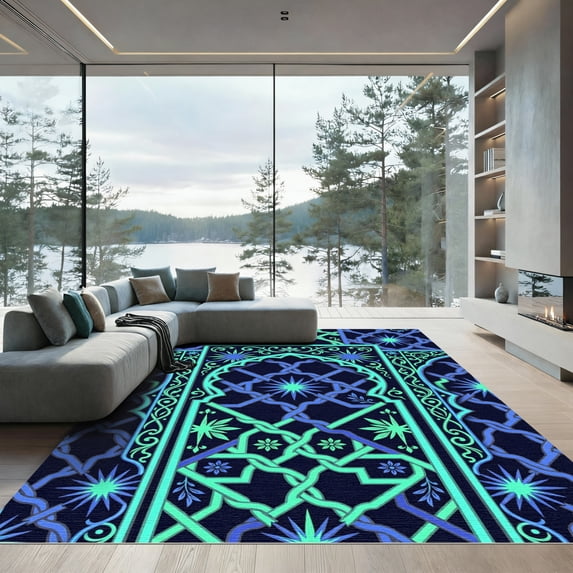 ODIKA 6' x 9' Machine Washable Non-Slip Area Rug, geometric geometric High Traffic Rug, Blue, 1131625