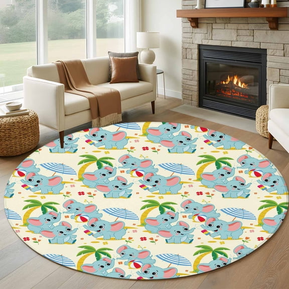 Round Area Rug 6ft,Cartoon Beach Elephant Washable Carpet Non-Slip Runner Accent Rugs Indoor Floor Mat for Bedroom Living Room Decor,Seaside Funny Cute Animals