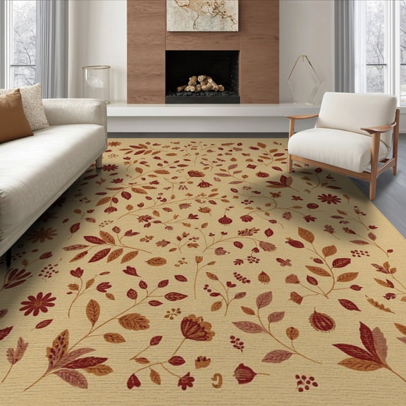 ODIKA 6'x9' Beige Chestnut Botanical Floral Vine Washable Area Rug Delicate Autumn Leaf Sprigs With Scattered Blooms And Berries In Non-Slip, Easy Care, for Family Room, Living Mater Bedroom