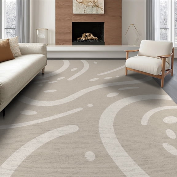 ODIKA 6'x9' Beige Cream Abstract Waves Dots Washable Area Rug Flowing Curves and Modern Design Easy Care, Non-Shedding, for Queen Size Bedroom Under Bed Master Suite