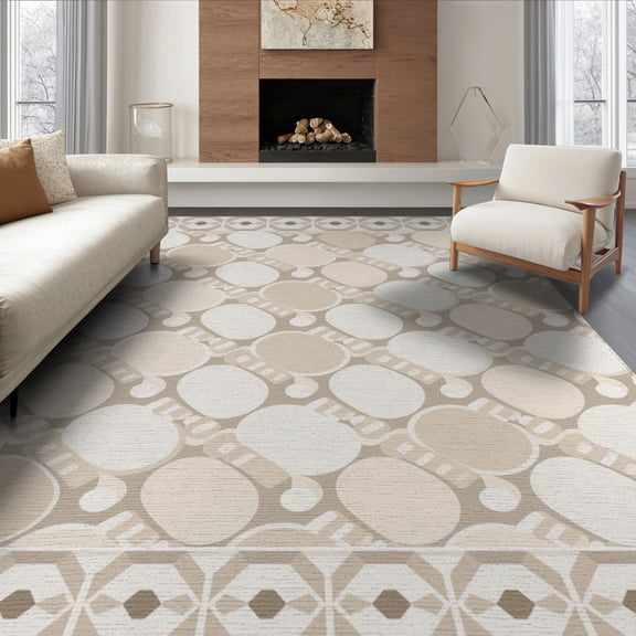 ODIKA 6'x9' Beige Cream Geometric Hexagonal Border Washable Area Rug Traditional Handwoven Performance Style for Family Room, Living Mater Bedroom, Non-Slip, Easy Care