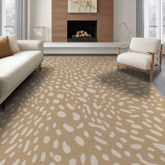 ODIKA 6'x9' Beige Fawn Natural Spotted Dotted Tufted Washable Area Rug Abstract Scattered Oval Speckled Motifs Modern Minimalist for Dining Room, Under Table, Office Décor, Non-Slip Chair-Friendly