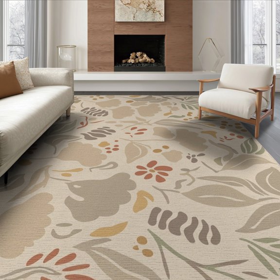 ODIKA 6'x9' Beige Floral Mist Sunset Design Washable Area Rug Abstract Botanical Pattern with Modern Flair for Family Room, Living Mater Bedroom, Non-Slip, Easy Care