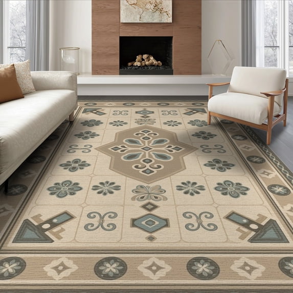 ODIKA 6'x9' Beige Geometric Design Washable Area Rug Intricate Patterns with Classic Motifs Non-Slip, Chair-Friendly, for Dining Room, Under Table, Office Décor