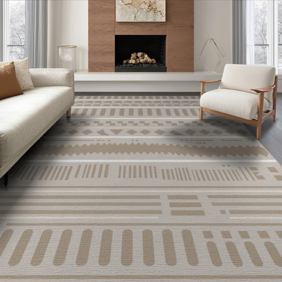 ODIKA 6'x9' Beige Geometric Design Washable Area Rug Modern Patterns with Rhythmic Symmetry for Queen Size Bedroom, Under Bed, Master Suite, Easy Care, Non-Shedding