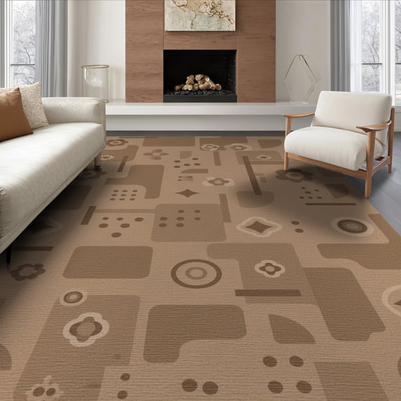ODIKA 6'x9' Beige Mocha Geometric Artistry Washable Area Rug Retro Abstract Design with Floral Accents for Dining Room, Under Table, Office Décor, Non-Slip Chair-Friendly