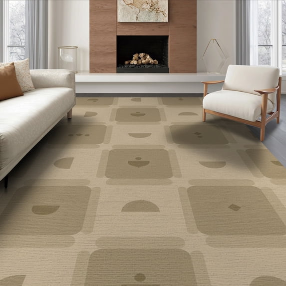 ODIKA 6'x9' Beige Natural Olive Geometric Grid Pattern Washable Area Rug Contemporary Rounded Square Motif with Abstract for Family Room, Living Mater Bedroom, Non-Slip, Easy Care