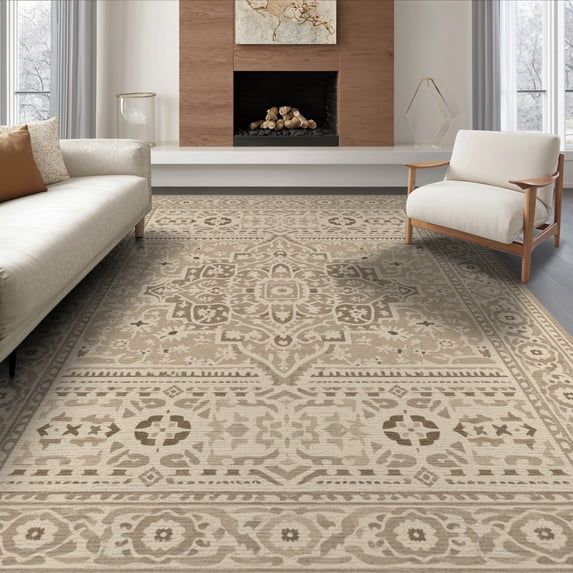 ODIKA 6'x9' Washable Area Rug Non-Slip, Easy Care, Beige Natural Wheat Traditional Medallion Classic Inspired Ornate Floral Motif for Family Room, Living Room, Master Bedroom