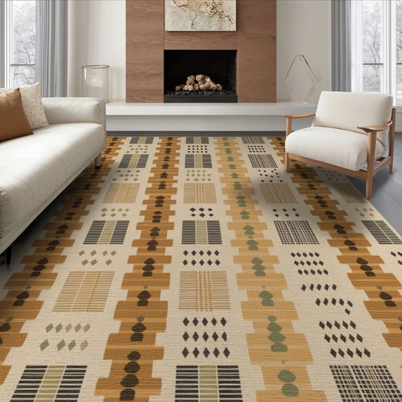 ODIKA 6'x9' Beige Ochre Geometric Tufted Contemporary Washable Area Rug Modern Grid Block Motif With Diamond Accents Striped Abstract Non-Slip, Easy Care, for Family Room, Living Mater Bedroom