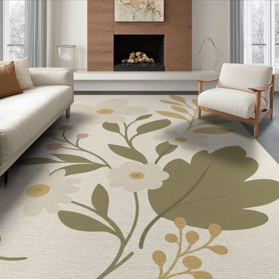 ODIKA 6'x9' Beige Olive Soft Floral Elegance Washable Area Rug Charming Botanical Design for Cozy Spaces for Family Room, Living Mater Bedroom, Non-Slip, Easy Care