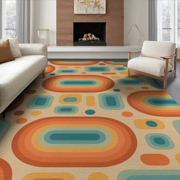ODIKA 6'x9' Beige Orange Teal Retro Geometric Washable Area Rug Mid Century Modern Concentric Oval Rounded Rectangle Motif Contemporary for Family Room, Living Mater Bedroom, Non-Slip, Easy Care