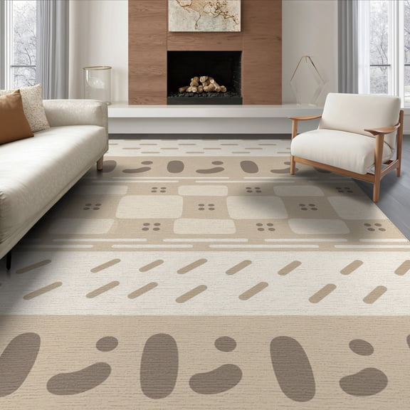 ODIKA 6'x9' Beige Taupe Modern Geometric Striped Washable Area Rug Contemporary Abstract Blocks Dots for Dining Room, Under Table, Office Décor, Non-Slip Chair-Friendly