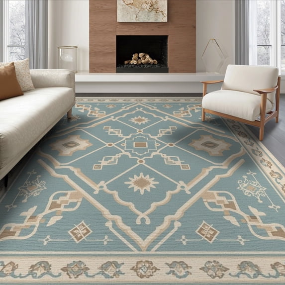 ODIKA 6'x9' Beige Teal Geometric Pattern Decor Washable Area Rug Elegant Symmetrical Design with Ornate Details Easy Care, Non-Shedding, for Queen Size Bedroom Under Bed Master Suite