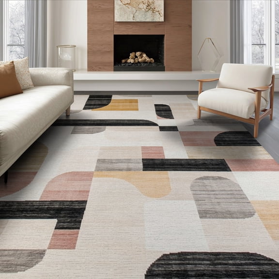 ODIKA 6'x9' Black Beige Tan Abstract Geometric Irregularity Sculptural Design Washable Area Rug Non-Slip, Easy Care, for Family Room, Living Mater Bedroom