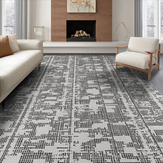ODIKA 6'x9' Black Gray Geometric Design Washable Area Rug Modern Handwoven Indoor Outdoor Style for Queen Size Bedroom, Under Bed, Master Suite, Easy Care, Non-Shedding