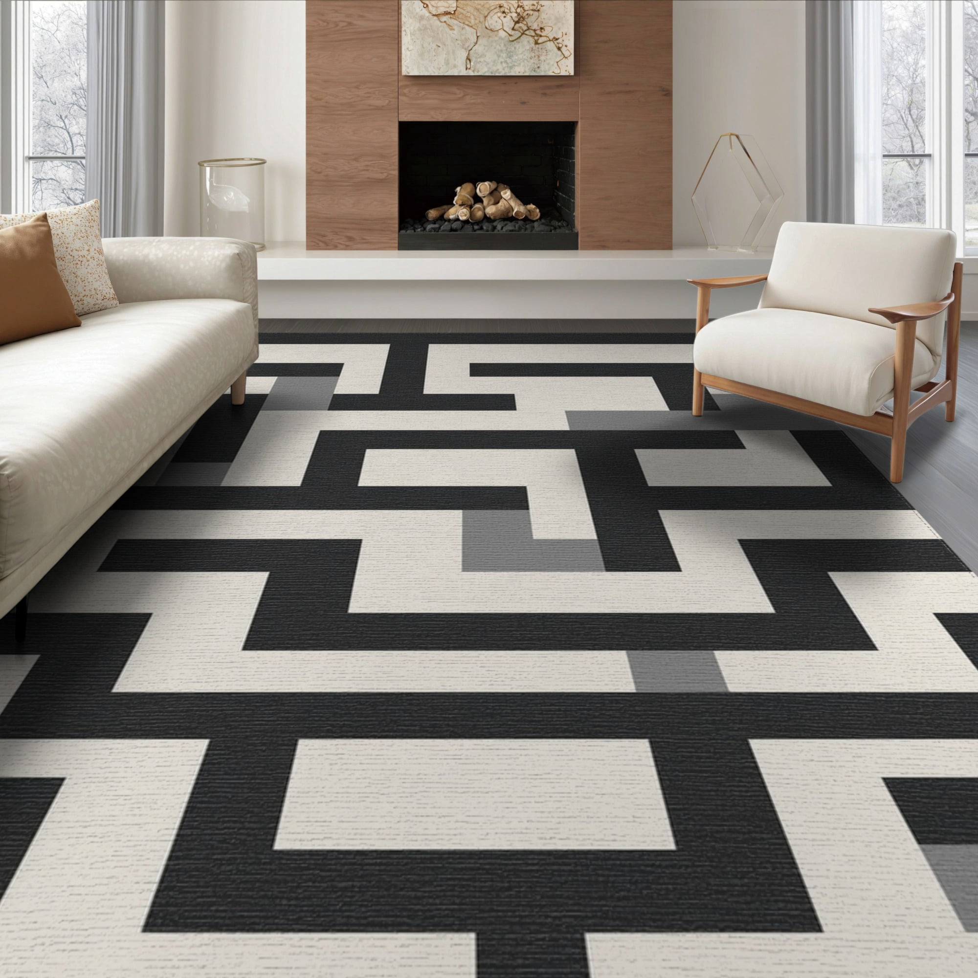 ODIKA 6'x9' Black Grey Geometric Maze Pattern Washable Area Rug Modern ...