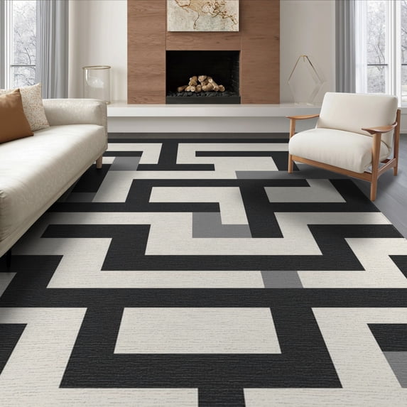 ODIKA 6'x9' Black Grey Geometric Maze Pattern Washable Area Rug Modern Interlocking Rectangular Blocks Abstract Non-Slip, Easy Care, for Family Room, Living Mater Bedroom