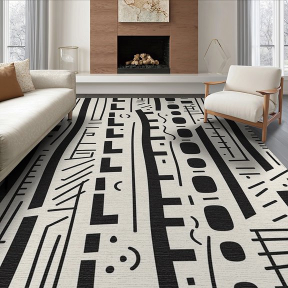 ODIKA 6'x9' Black Ivory Abstract Lines Design Washable Area Rug Dynamic Geometric Pattern with Modern Flair for Family Room, Living Mater Bedroom, Non-Slip, Easy Care