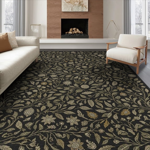 ODIKA 6'x9' Black Victorian Botanical Floral Vine Washable Area Rug Ornate Traditional English Garden Motif With Intricate Leafy Scrollwork Non-Slip, Easy Care, for Family Room, Living Mater Bedroom