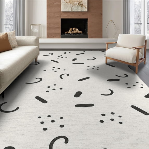 ODIKA 6'x9' Black White Abstract Scattered Dots Lines Washable Area Rug Modern Minimalist Geometric Confetti Style Non-Slip, Easy Care, for Family Room, Living Mater Bedroom