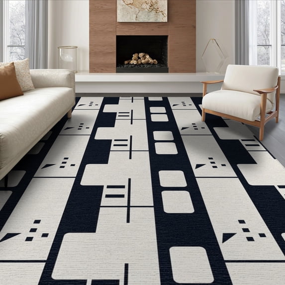 ODIKA 6'x9' Black White Geometric Handwoven Design Washable Area Rug Modern Abstract Pattern with Bold Lines Non-Slip, Easy Care, for Family Room, Living Mater Bedroom