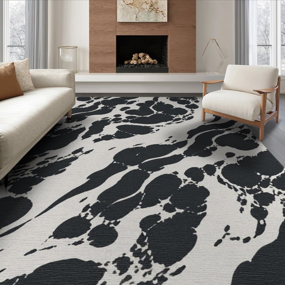ODIKA 6'x9' Black White Waves Abstract Design Washable Area Rug Dynamic Flowing Pattern for Modern Spaces Non-Slip, Chair-Friendly, for Dining Room, Under Table, Office Décor
