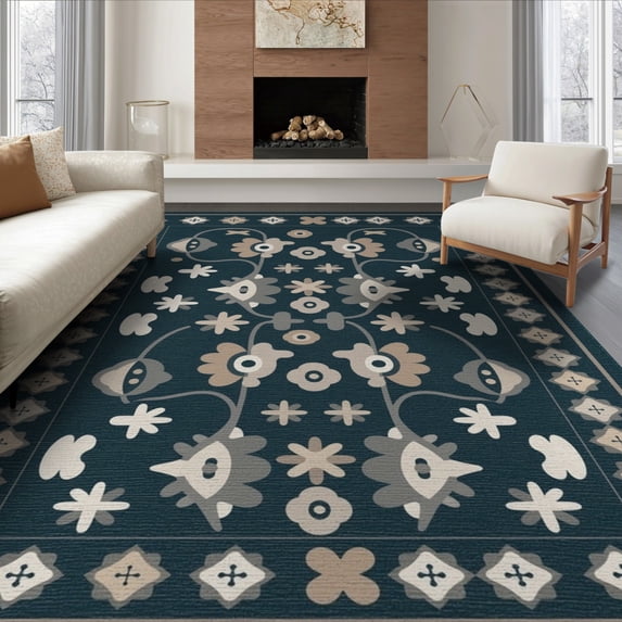 ODIKA 6'x9' Blue Beige Peacock Garden Design Washable Area Rug Elegant Floral Motif with Symmetrical Charm Non-Slip, Chair-Friendly, for Dining Room, Under Table, Office Décor