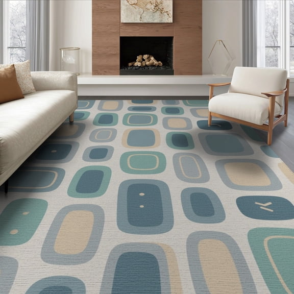 ODIKA 6'x9' Blue Beige Retro Geometric Pattern Washable Area Rug Mid-Century Modern Brindle Stripe Design Non-Slip, Easy Care, for Family Room, Living Mater Bedroom